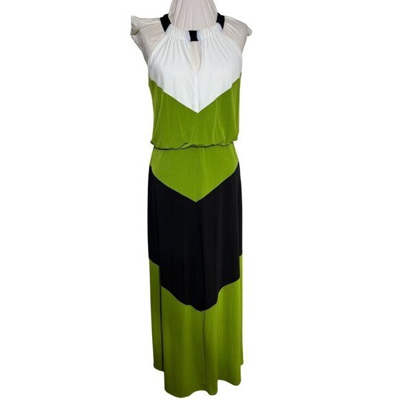 London Style Women's XS Chevron Color Block Maxi Dress Halter Neck Elastic Waist - Picture 1 of 11